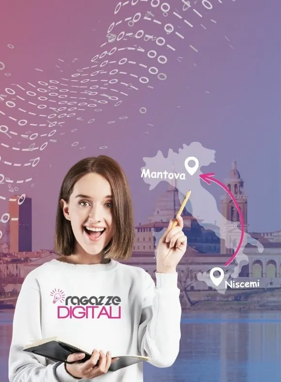 Grafica di Ragazze Digitali Experience con il percorso da Niscemi a Mantova, dedicata alla summer school STEM promossa da Fondazione UniverMantova.