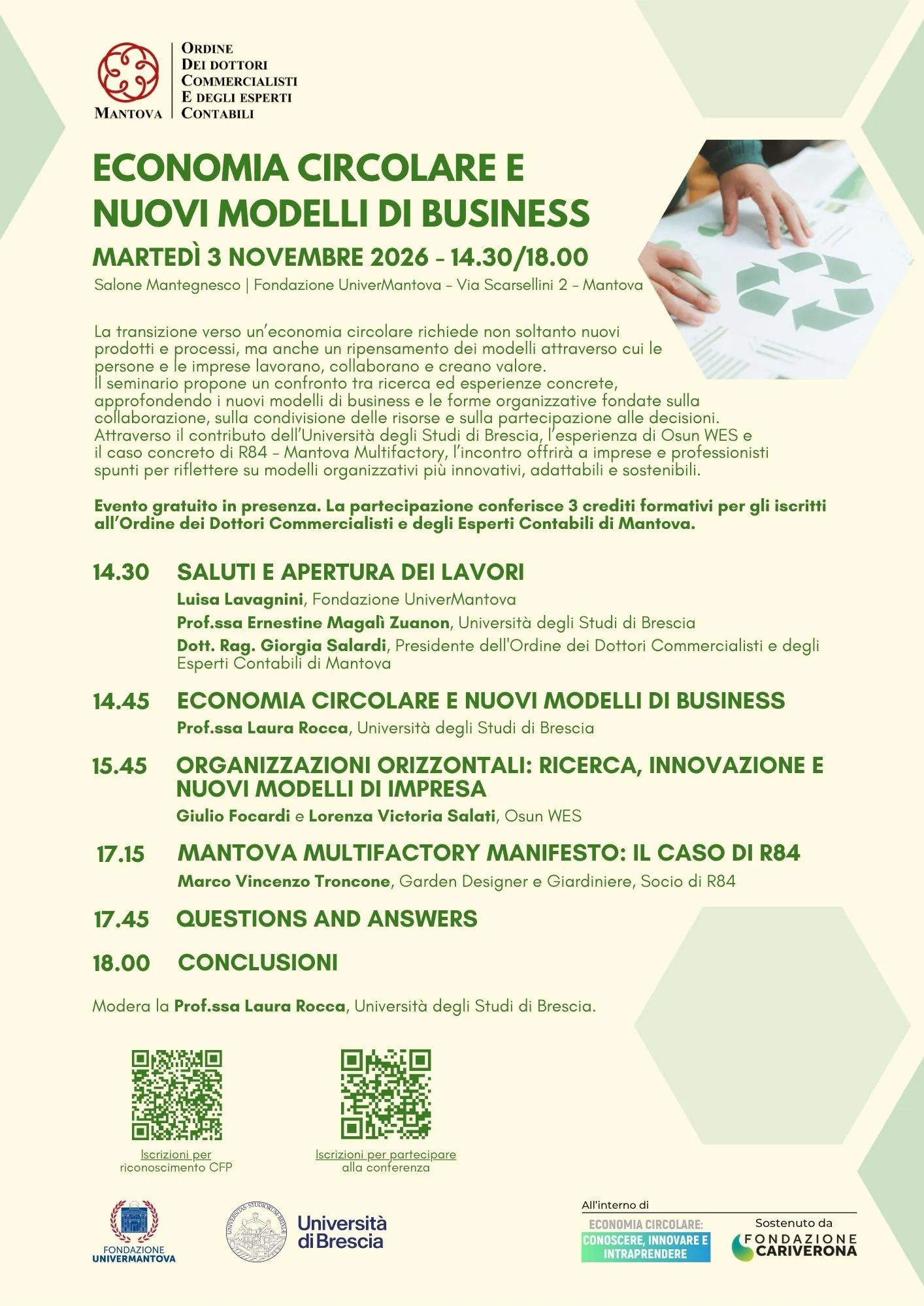 Economia circolare e nuovi modelli di business – 3 novembre 2026 Locandina della conferenza Economia circolare e nuovi modelli di business del 3 novembre 2026 a Fondazione UniverMantova