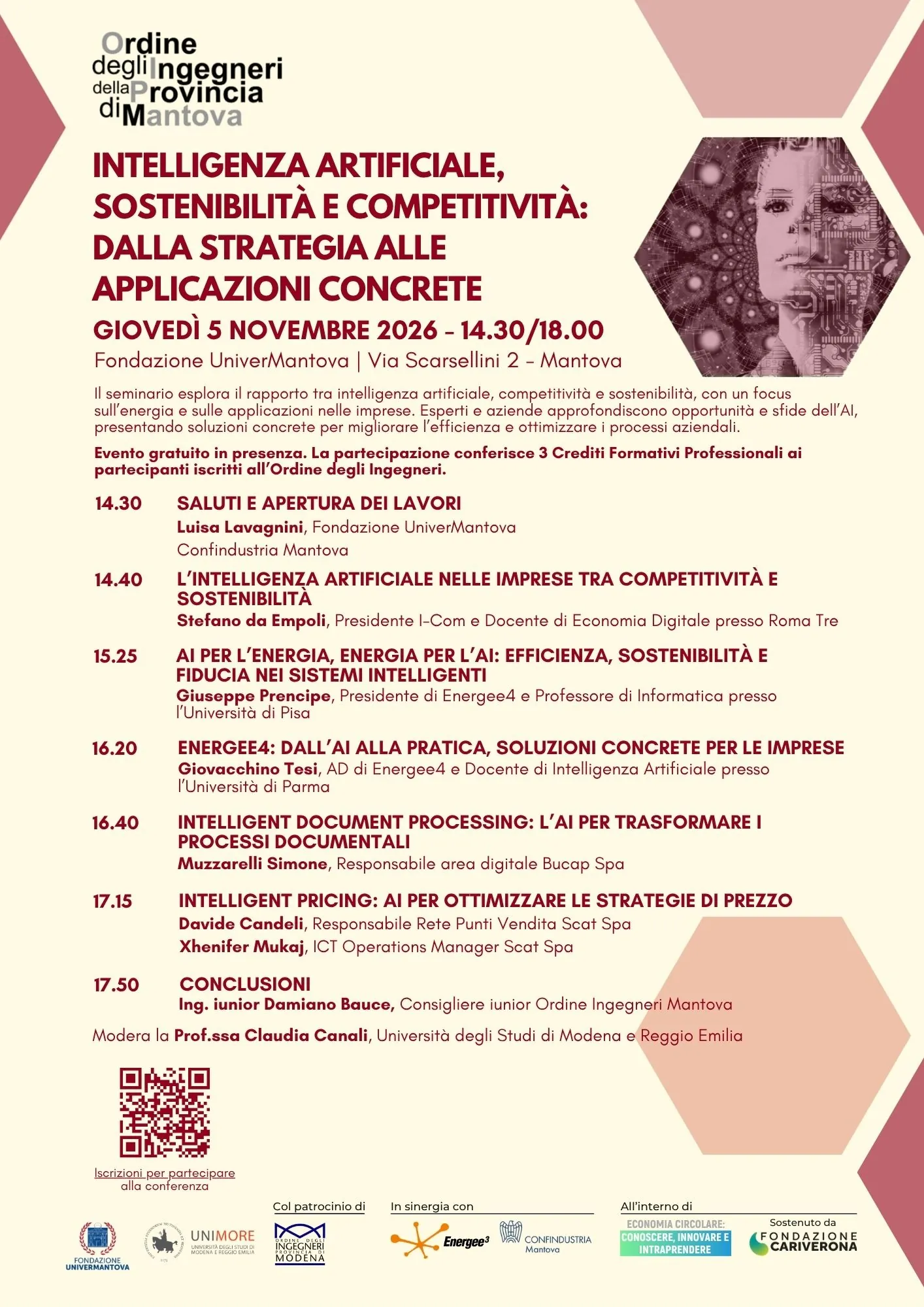 Intelligenza artificiale, sostenibilità e competitività – 5 novembre 2026 Locandina della conferenza Intelligenza artificiale, sostenibilità e competitività del 5 novembre 2026 a Fondazione UniverMantova