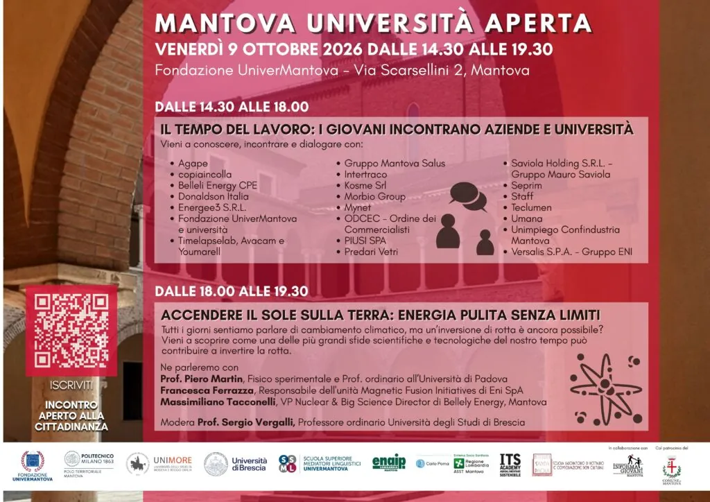 Mantova Università Aperta, 9 ottobre 2026: programma e aziende partecipanti a Fondazione UniverMantova